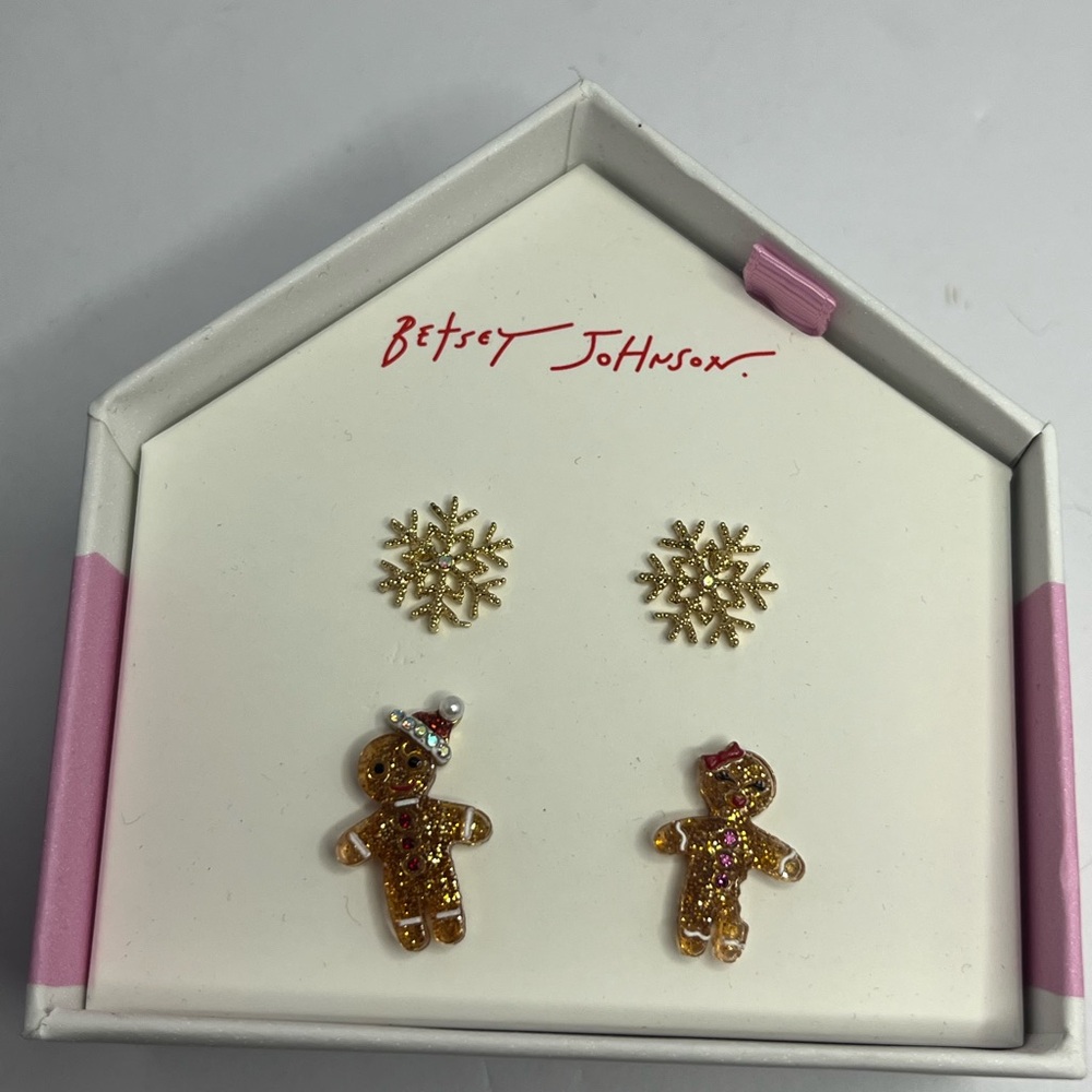 Betsey Johnson Gingerbread & Snowflake Earrings Set 2 Pairs Christmas Santa Hat